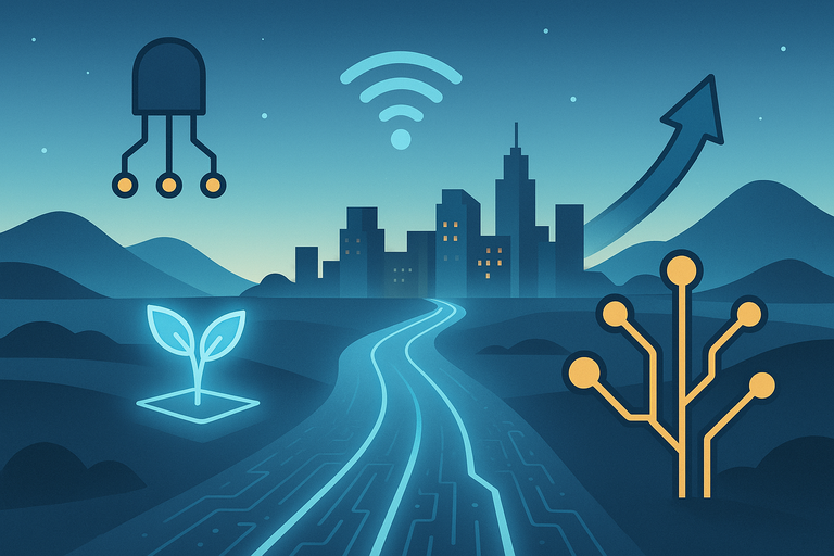 A futuristic landscape with technological elements symbolizing advancement and growth.