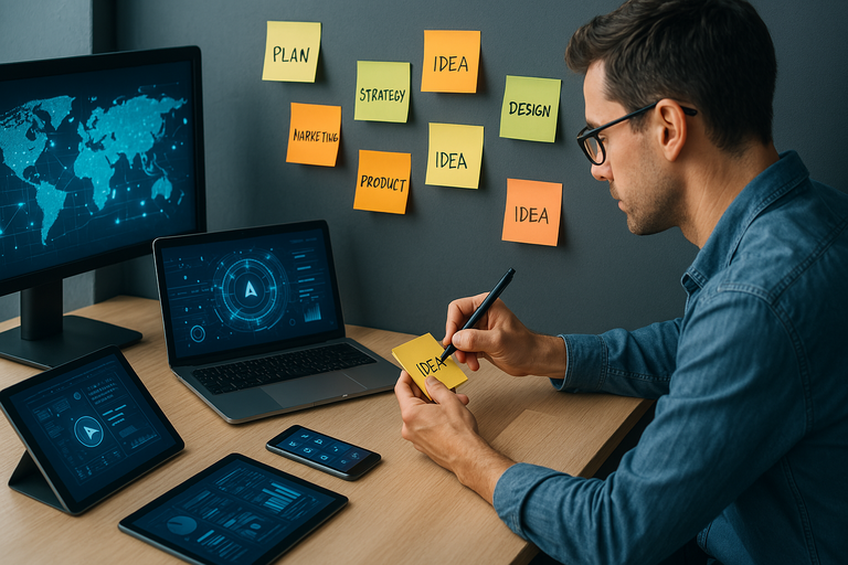 A person brainstorming ideas on sticky notes, surrounded by digital technology.