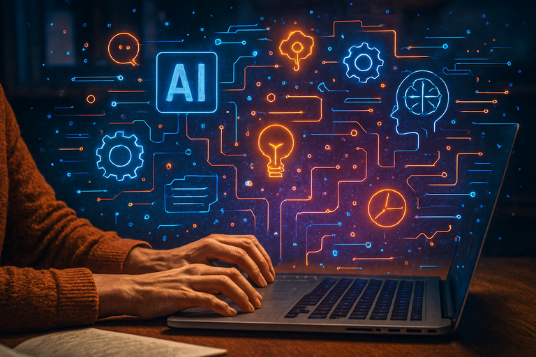 Conceptual image of a writer typing as digital symbols and graphics float around them, representing AI evolution.