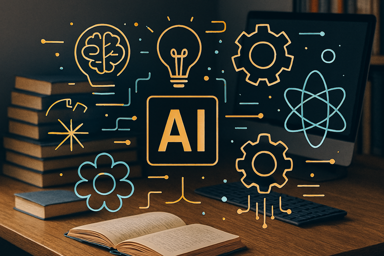Collage of popular AI tool logos against a backdrop of a busy desk with books and a computer.