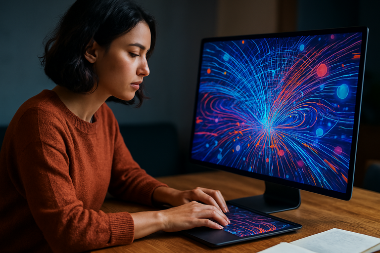 A creative person using a laptop with abstract digital patterns, symbolizing AI in action.