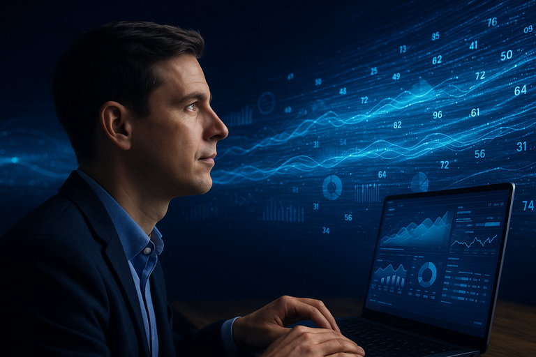 A visionary image of a marketer looking ahead, surrounded by digital data streams.