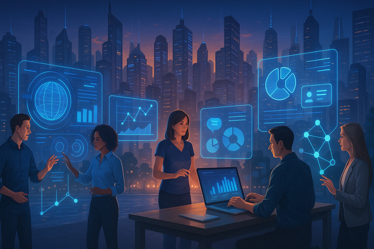 A futuristic cityscape with people interacting with holographic interfaces