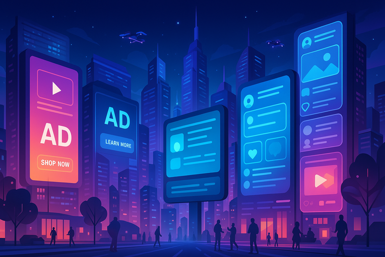 Futuristic cityscape with digital ads and social media interfaces