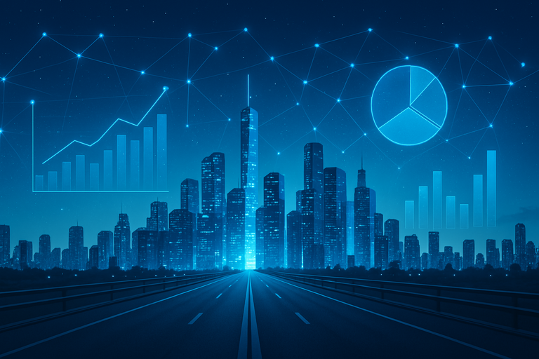 Futuristic city skyline with digital data and network visuals, symbolizing technological growth.