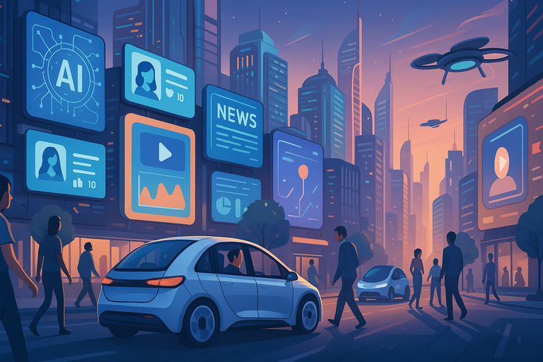 A futuristic city with digital screens and AI-driven vehicles demonstrating advanced technology in everyday life.