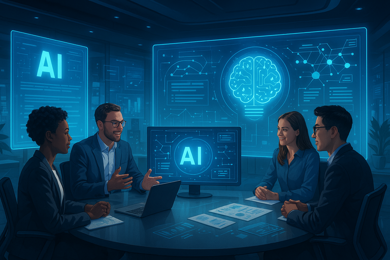 A futuristic conference room with holographic displays, where creative professionals are discussing AI.