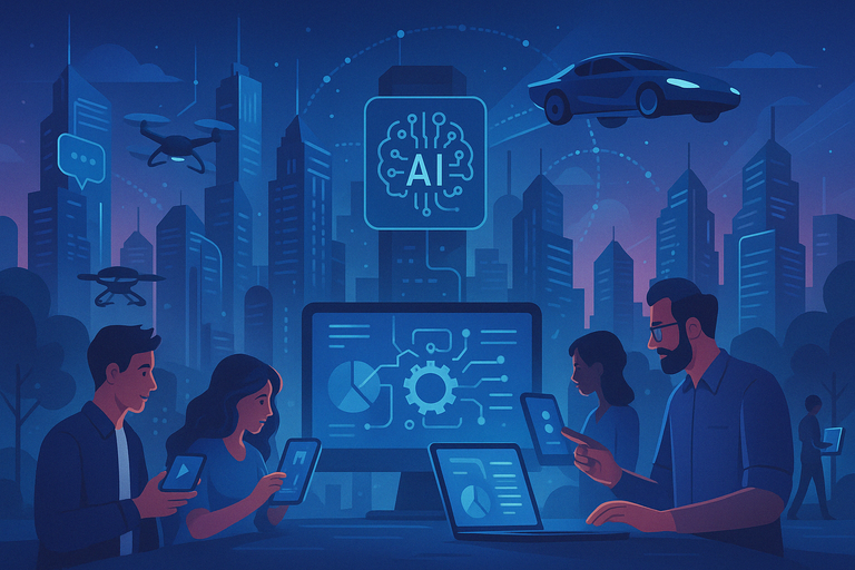 A futuristic cityscape with AI-driven elements and people interacting with various tech devices