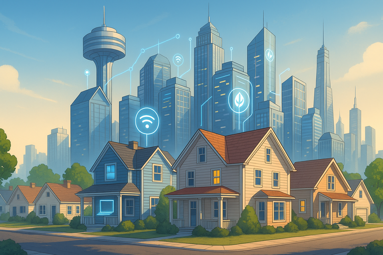 A cityscape with a blend of traditional homes and advanced smart buildings, symbolizing future living.