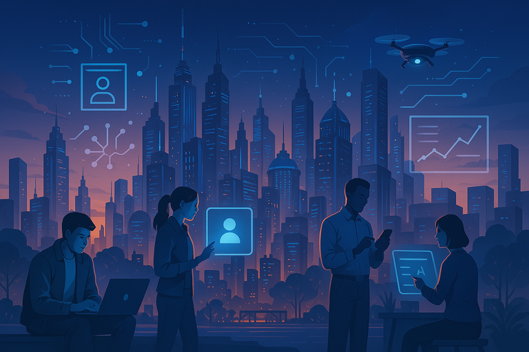 A futuristic cityscape with people engaging in tech activities, symbolizing innovation and progress.