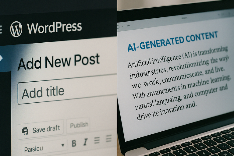 A close-up of a WordPress interface and a separate screen showing AI-generated text.