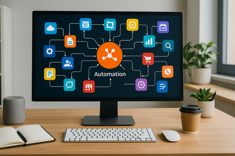 A desk with a computer displaying interconnected apps and automation workflows.