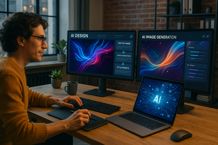 Designer creatively using AI tools on a desktop with multiple screens