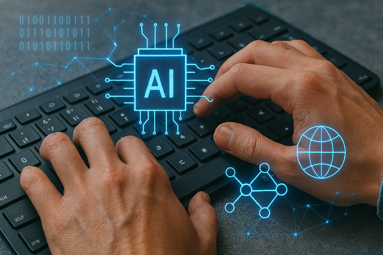 Close-up of hands typing on a keyboard with abstract AI graphics overlay.
