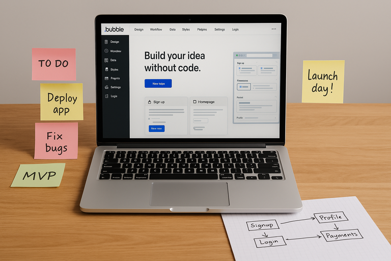 A desk with a laptop open to the Bubble interface, sticky notes, and a flowchart.