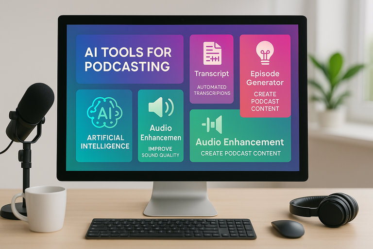 A computer screen showcasing AI tools for podcasting with colorful interface designs.
