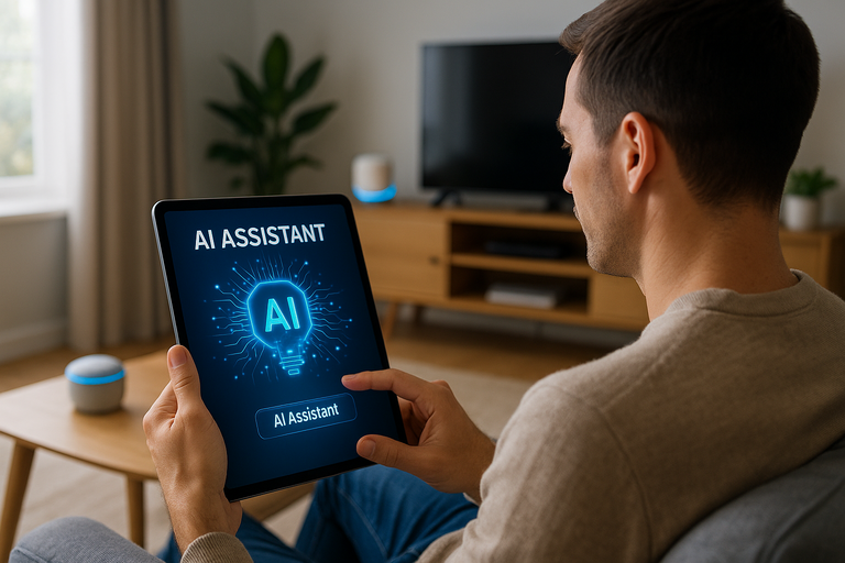 A person interacting with an AI assistant on a tablet in a modern home setting.