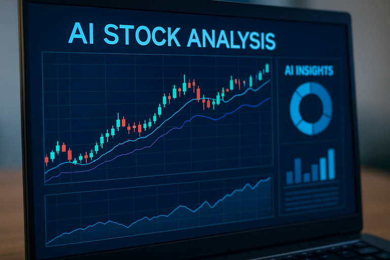 Close-up of a computer screen displaying AI-driven stock analysis