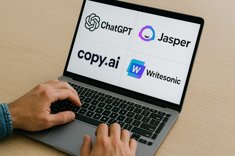 A close-up of a person using a laptop, images of different AI writing tools on the screen.