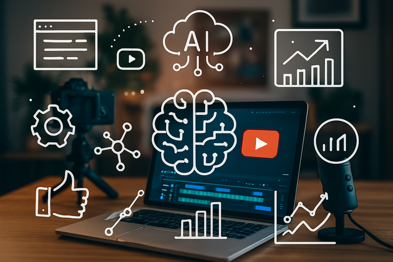 A collage of digital tools and AI symbols overlaid on a YouTuber's workspace.