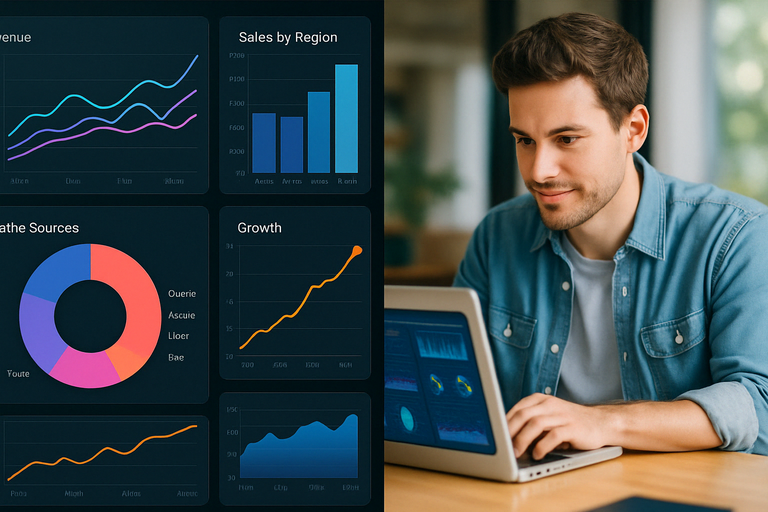 A collage of data graphs and a marketer analyzing trends on a laptop.