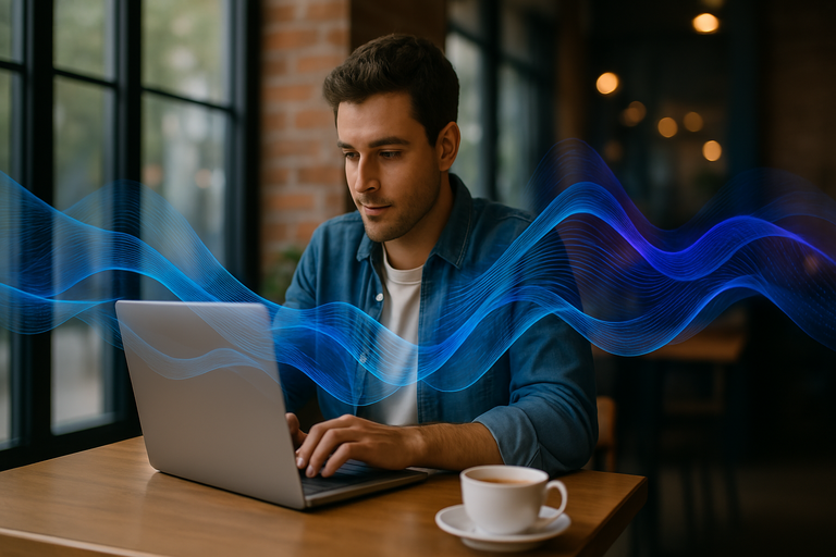 A person at a coffee shop, working on a laptop with abstract digital waves signifying AI.