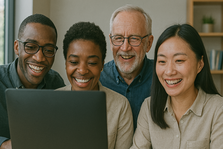 Diverse people collaborating around a computer, examining digital data.