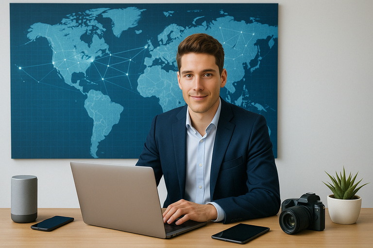 A young professional surrounded by tech gadgets and a world map