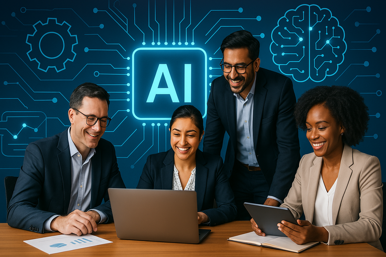 A team of business people working around a table with AI-themed graphics in the background.