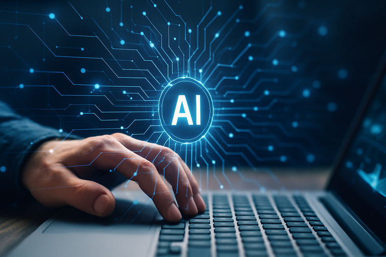 A close-up of a hand typing on a laptop with graphics showing AI networks