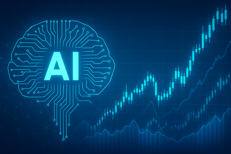 An abstract representation of AI technologies and stock market graphs