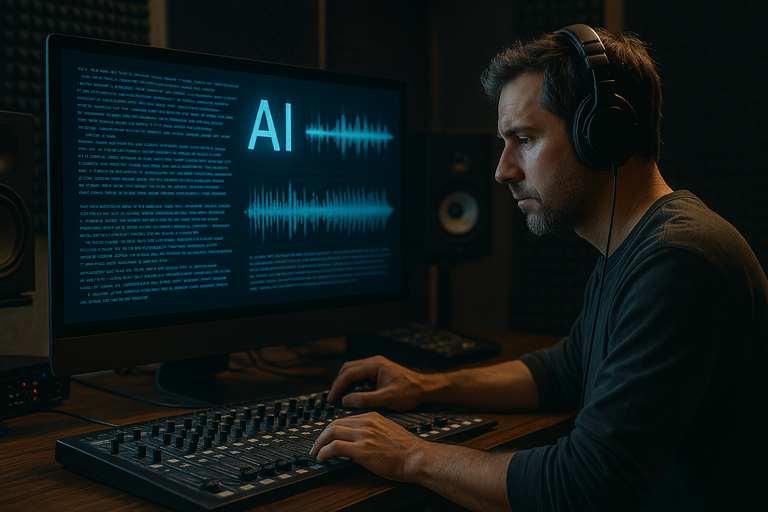 A sound engineer working at a digital audio workstation with lines of AI-generated text and audio waves visible.