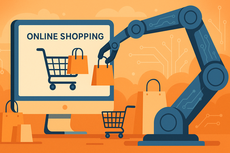 Illustration of a robotic arm placing items into an online shopping cart, symbolizing automated online sales