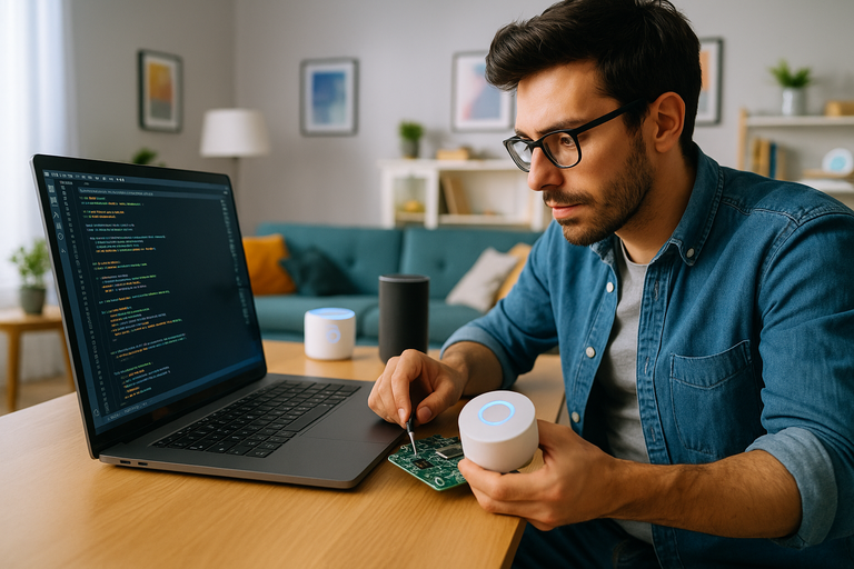 A tech enthusiast working on coding a smart home device.