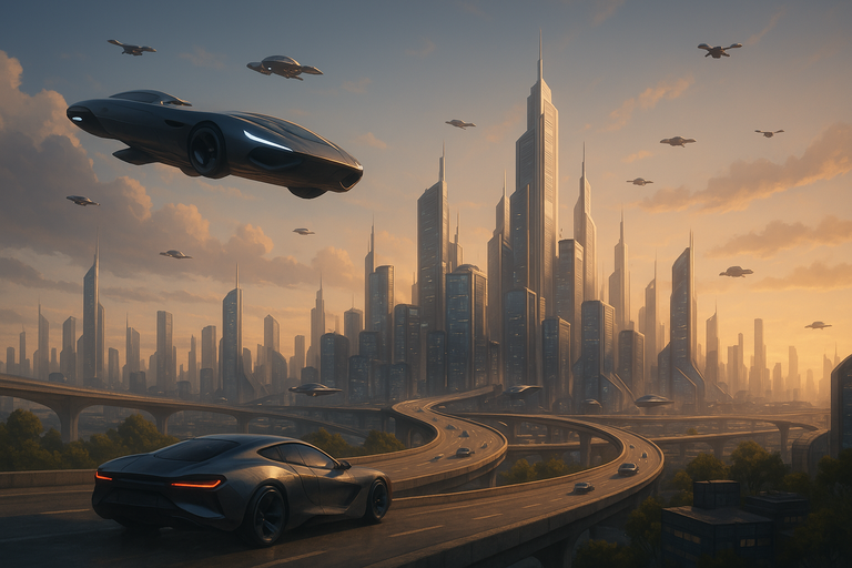 Futuristic city skyline with flying cars and drones, symbolizing technological advancement in society.