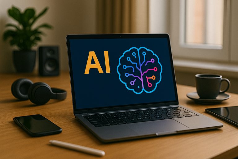 Office desk with modern gadgets, including a laptop showing AI software, portraying tech-savviness.