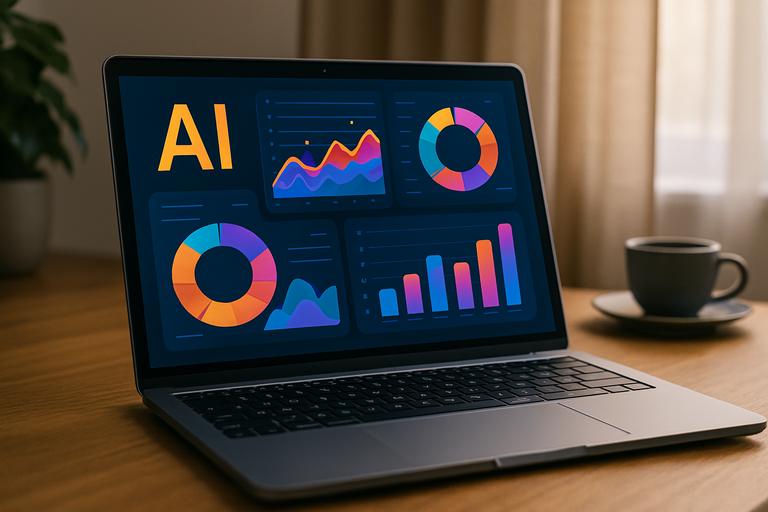 A laptop with vibrant graphical dashboards, symbolizing AI in digital content.